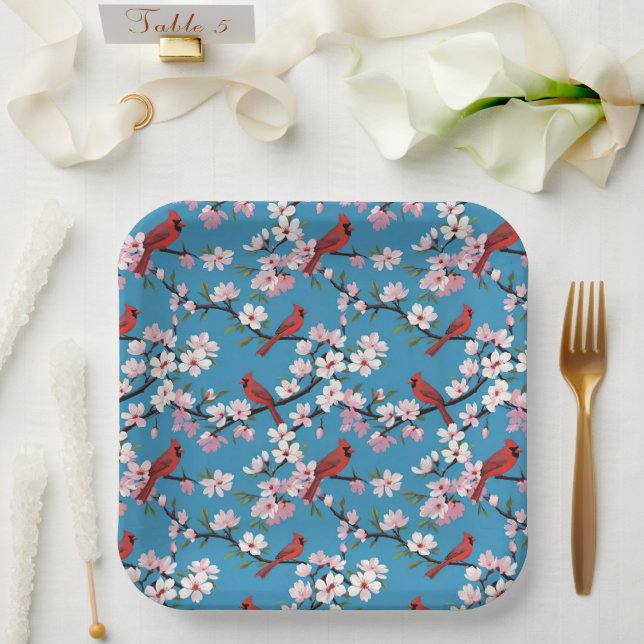 Plato De Papel Cardenales rojos y flores de cerezo rosado azul (Boda)