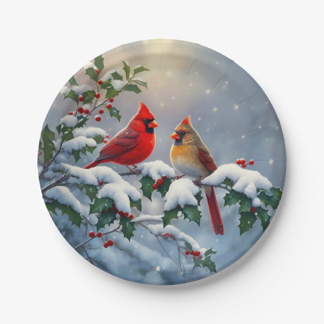 Plato De Papel Cardenales rojos y Holly en la nieve (Anverso)