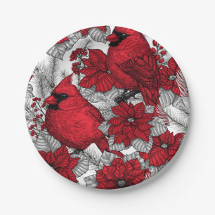 Plato De Papel Cardenales y poinsettia en rojo y blanco
