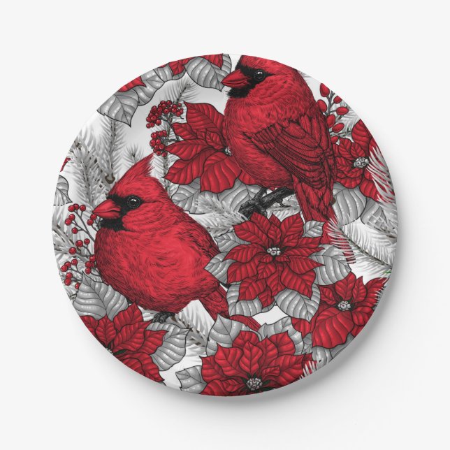 Plato De Papel Cardenales y poinsettia en rojo y blanco (Anverso)