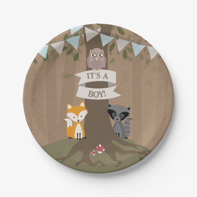 Plato De Papel Cardstock inspiró a Woodland Boy Baby Shower (Anverso)