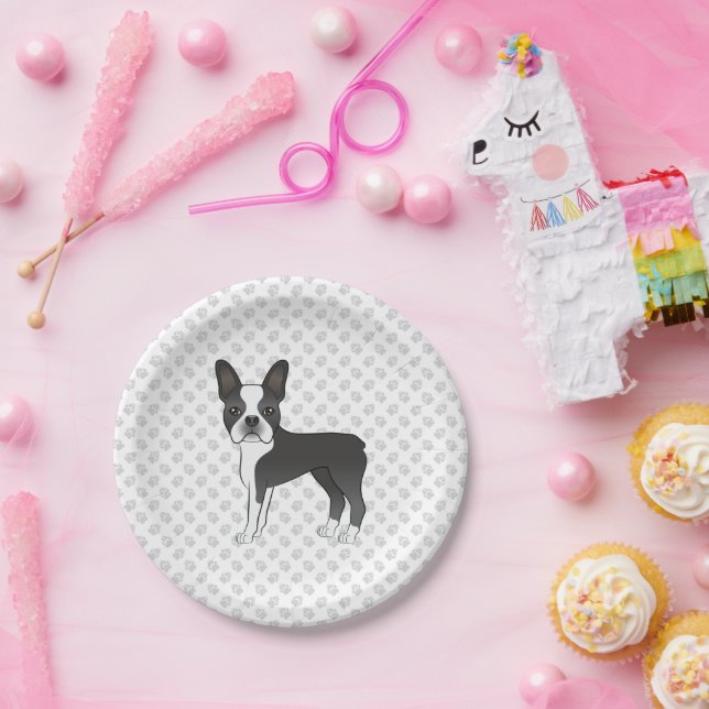 Plato De Papel Caricatura de Black And White Boston Terrier Perro (Fiesta)