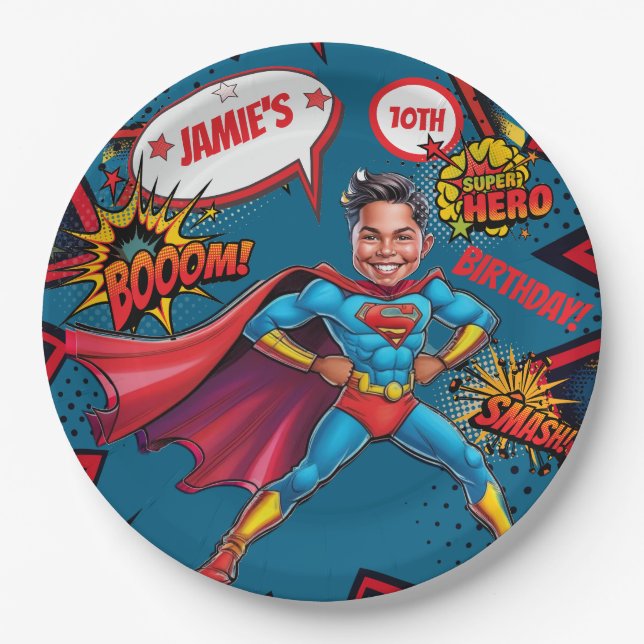 Plato De Papel Caricatura de superhéroes de niños personalizados (Anverso)