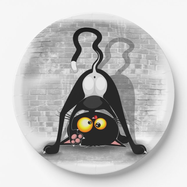 Plato De Papel Caricatura divertida del gato boca abajo (Anverso)