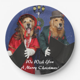 Plato De Papel Carolers del navidad del golden retriever