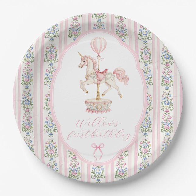 Plato De Papel Carousel Pink First Birthday (Anverso)