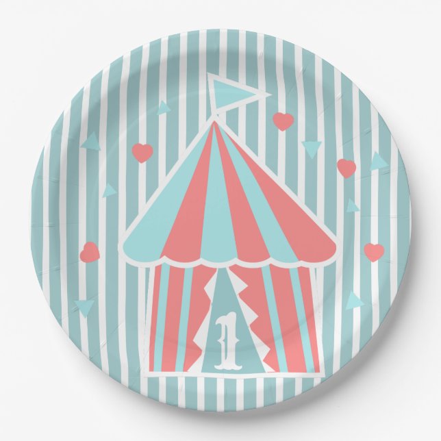 Plato De Papel Carpa de Circo Adorable Cumpleaños Primero  (Anverso)