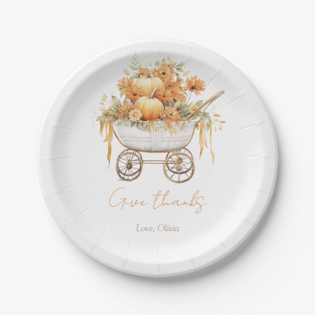 Plato De Papel Carrito de calabaza acuarela Baby Shower otoño (Anverso)