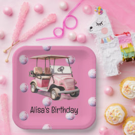 Plato De Papel Carro de golf con bola en rosa para golfista