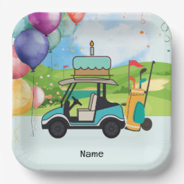 Plato De Papel Carro de golf con cumpleaños con pastel para niños