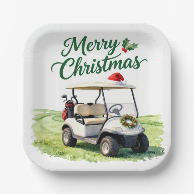 Plato De Papel Carro de golf de Navidad de golf  (Anverso)