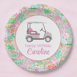 Plato De Papel Carro de golf rosa y verde Palm Beach personalizad