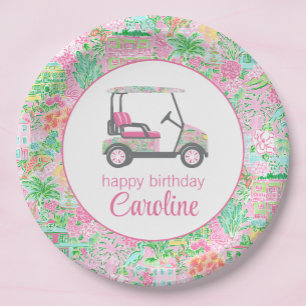 Plato De Papel Carro de golf rosa y verde Palm Beach personalizad