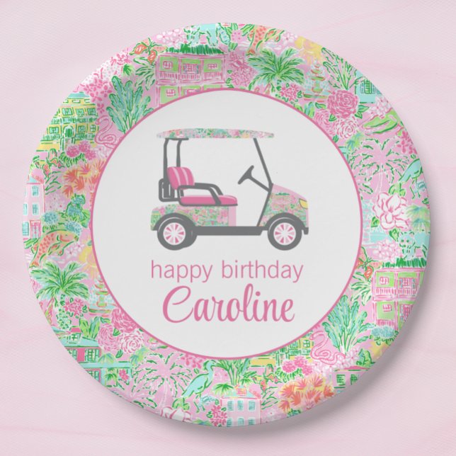 Plato De Papel Carro de golf rosa y verde Palm Beach personalizad (Subido por el creador)