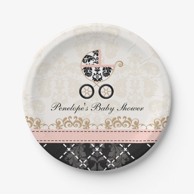Plato De Papel Carro rosado y negro Baby Shower del damasco (Anverso)