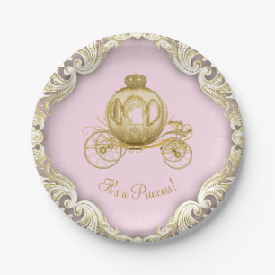Plato De Papel Carruaje de la Princesa de Oro Rosa Chica Baby Sho