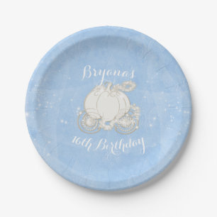 Plato De Papel Carruaje Elegante de Cenicienta con Brillo Azul Fi