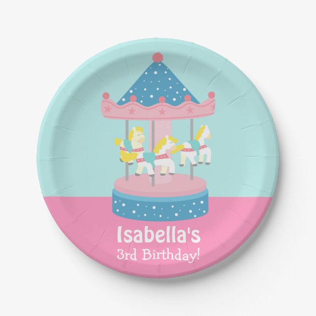 Plato De Papel Carrusel de Caballo de Cumpleaños para Niñas (Anverso)