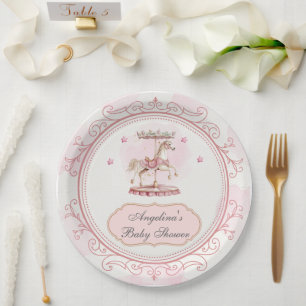Plato De Papel Carrusel de cosecha rosa- Placa grande Baby Shower