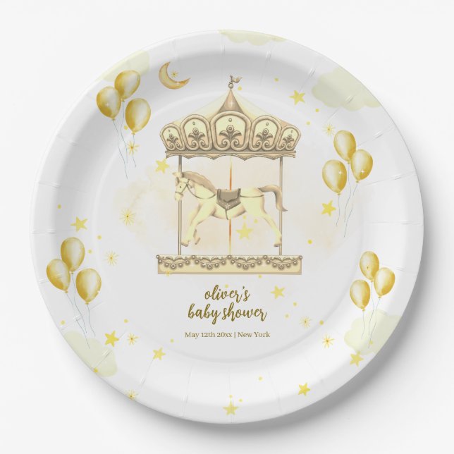 Plato De Papel Carrusel de globo mágico Gold Elegant Baby Shower (Anverso)