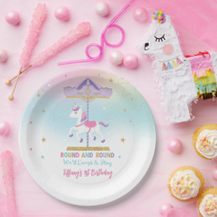 Plato De Papel Carrusel de Rainbow Unicorn Purpurina de oro de pr