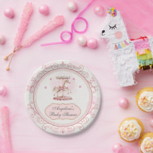 Plato De Papel Carrusel Vintage rosa- Placas postres Baby Shower