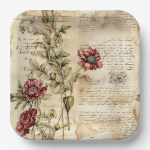 Plato De Papel Carta de amor de pergamino vintage con flores (1)