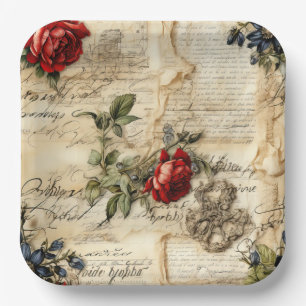 Plato De Papel Carta de amor en pergamino vintage con flores