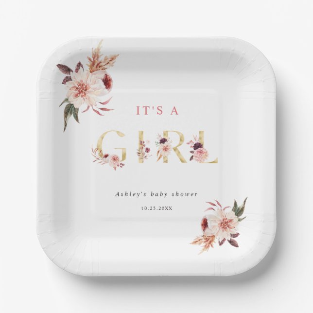 Plato De Papel Carta dorada floral elegante es un Baby Shower Chi (Anverso)
