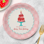 Plato De Papel Cartel de la cesta de fresas de 1 cumpleaños de Be<br><div class="desc">El tema de la fiesta de primer cumpleaños "Berry First Birthday",  con temática de fresa,  presenta el ilustracion de la cesta del mercado de fresas coronada con velas. El borde es tablero de ajedrez rosa con un diseño azul ondulado.</div>
