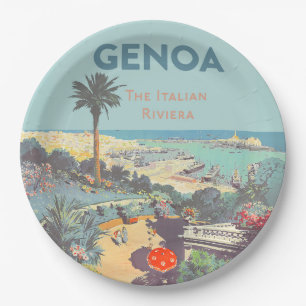 Plato De Papel Cartel de viaje vintage de Génova Riviera italiana