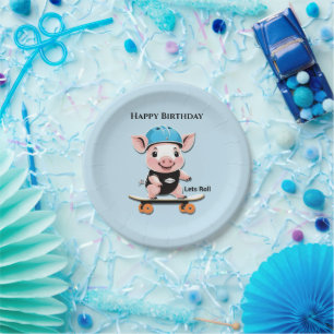 Plato De Papel Cartoon Baby Pig Patinando Vamos, Cumpleaños