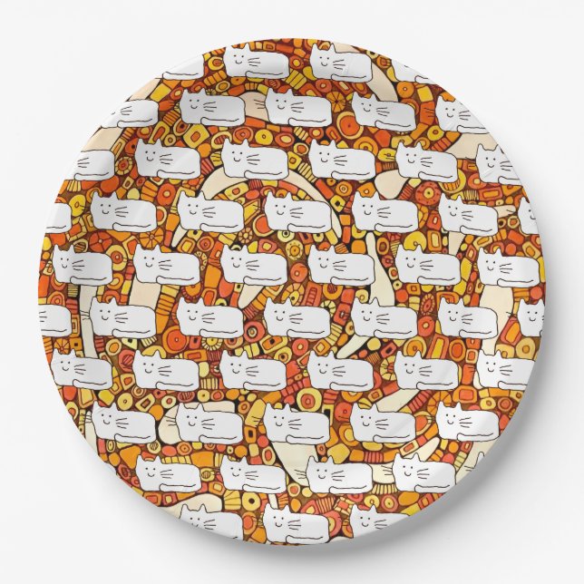 Plato De Papel Cartoon Cats Doodle Line Drawing (Anverso)