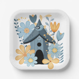 Plato De Papel Casa de pájaro azul