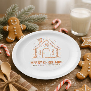 Plato De Papel Casa de pan de jengibre de Doodle Feliz Navidad