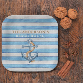 Plato De Papel Casa de playa Rustic Wood Family con franjas náuti