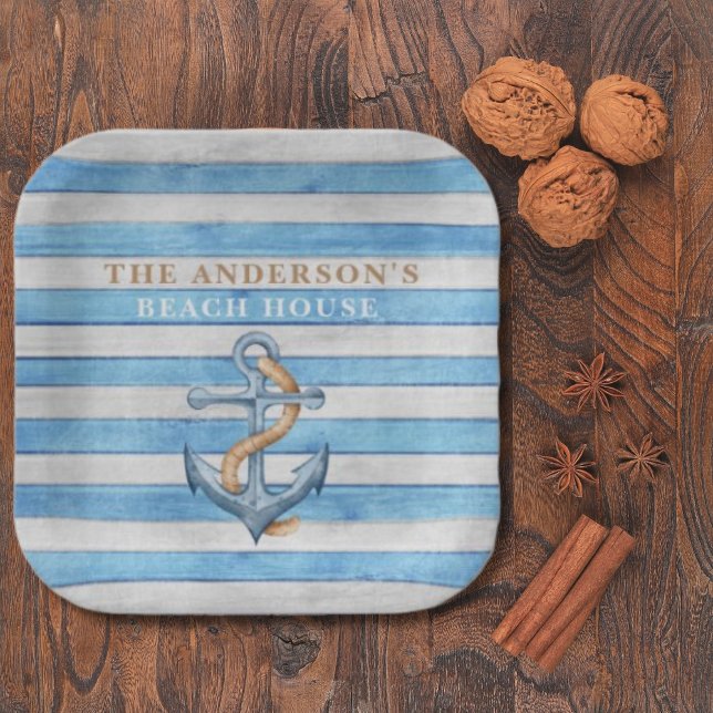 Plato De Papel Casa de playa Rustic Wood Family con franjas náuti (Subido por el creador)