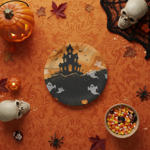 Plato De Papel Casa Embrujada de Halloween Naranja Brillo Dorado