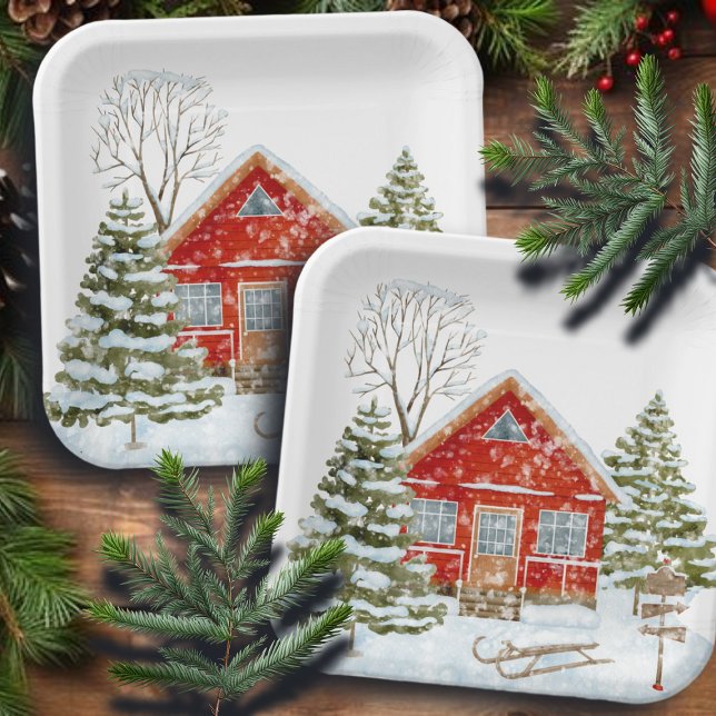 Plato De Papel Casa Roja en el paisaje invernal (Subido por el creador)