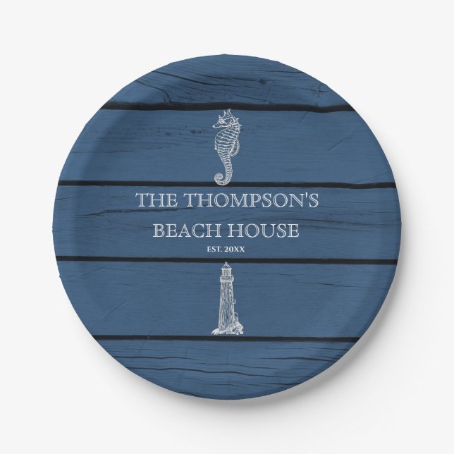 Plato De Papel Casa Rustic Blue Wood Seahorse Lighthouse Beach Ho (Anverso)