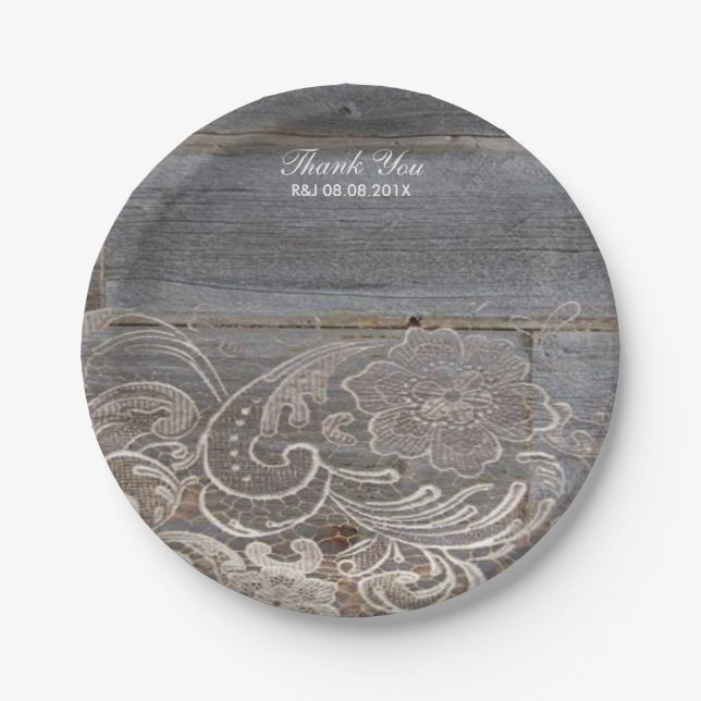 Plato De Papel casamiento rústico de madera de grano encaje de ca (Anverso)