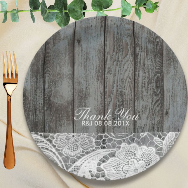 Plato De Papel casamiento rústico de madera de grano encaje de ca (rustic barn wood lace western country wedding paper plates)