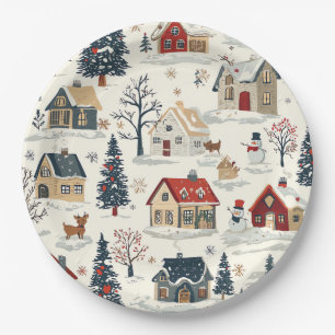 Plato De Papel Casas de campo nevadas vintage Navidad roja marina