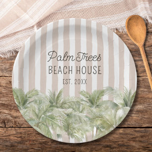 Plato De Papel Casas de Playa con Palmeras Tropicales y Rayas Bei