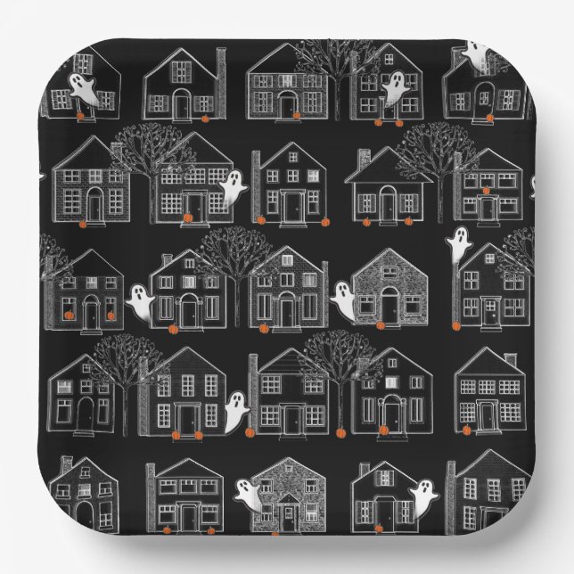 Plato De Papel Casas embrujadas de Halloween (Anverso)