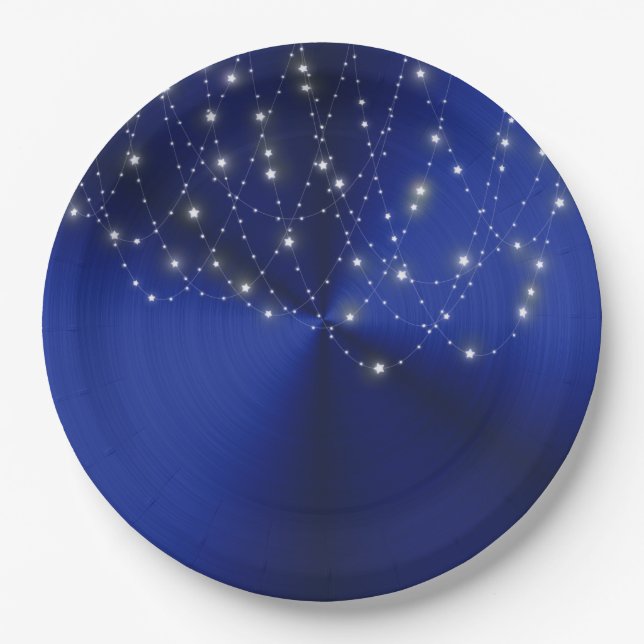 Plato De Papel Cascada de Estrellas de Azul Medianoche (Anverso)