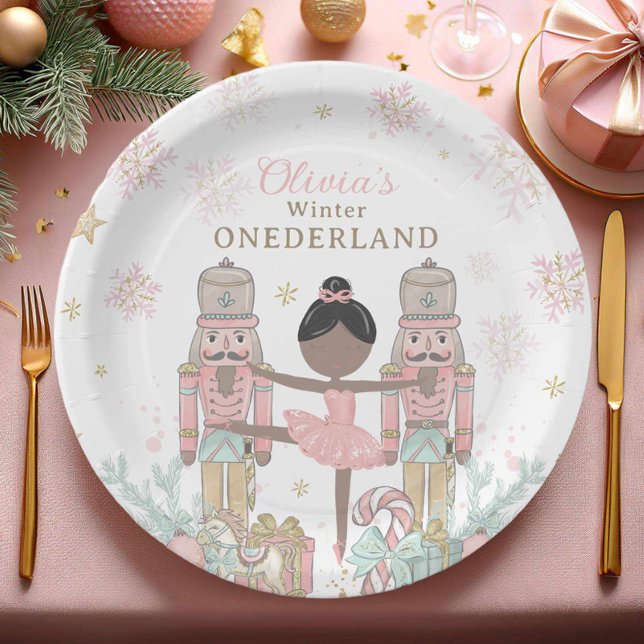 Plato De Papel Cascanueces Rosa Invierno Onederland Cumpleaños 1 (Subido por el creador)