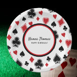 Plato De Papel Casino Poker Theme Card Sharm Birthday<br><div class="desc">Considere esta tarjeta temática de Casino Poker Plates de papel de cumpleaños para su próxima fiesta de cumpleaños! Este diseño de fiesta de cumpleaños incluye iconos rojos de traje de tarjeta negra. Esta tarjeta temática de Casino Poker Shark Birthday Paper Plates es perfecta para tu próxima celebración de cumpleaños con...</div>