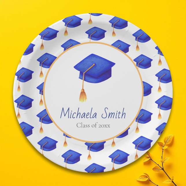 Plato De Papel Casquillo de graduación azul real patentado person (Royal Blue Graduation Cap Patterned Personalized Paper Plate)