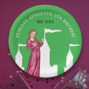 Plato De Papel Castillo De Fairytale De Princesa Rosa Y Verde Ele